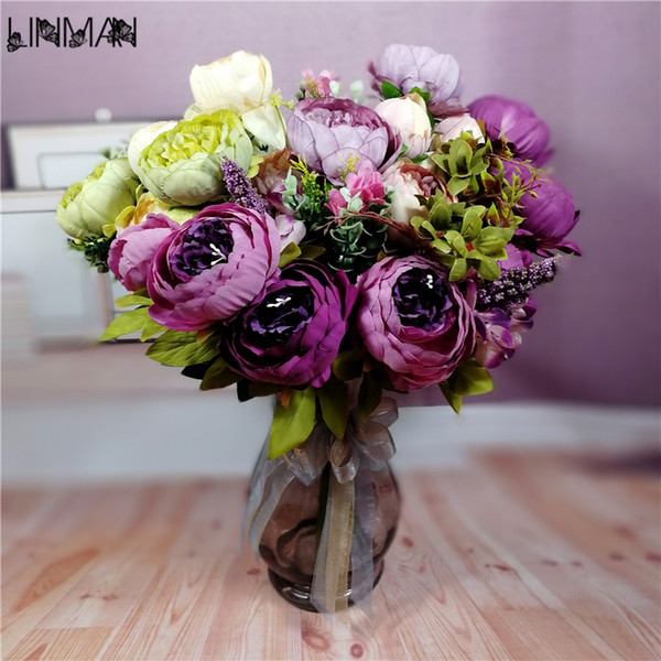 LIN MAN 12 Heads Silk Artificial flower Peony Bunch flower bouquet for wedding table accessory home decoration