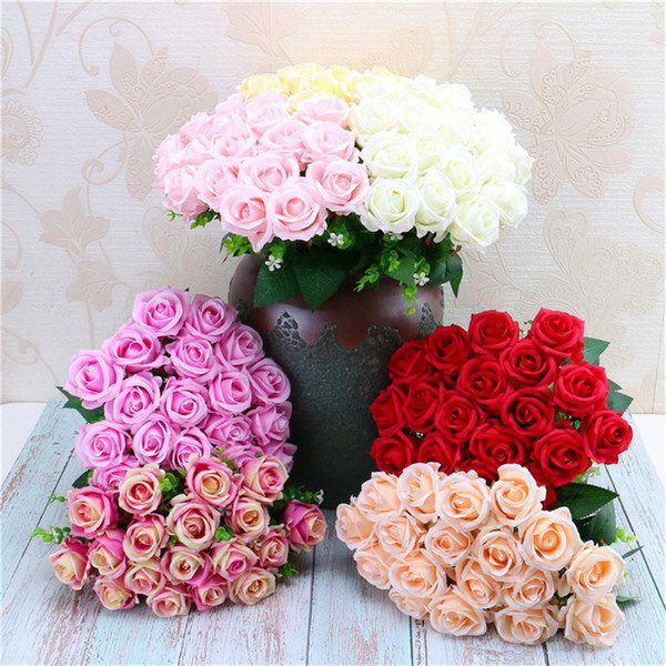 18 Heads 44.5CM New Colorful Artificial Rose Flowers Bride Bouquet Home Wedding Decor Scrapbooking DIY Supplies