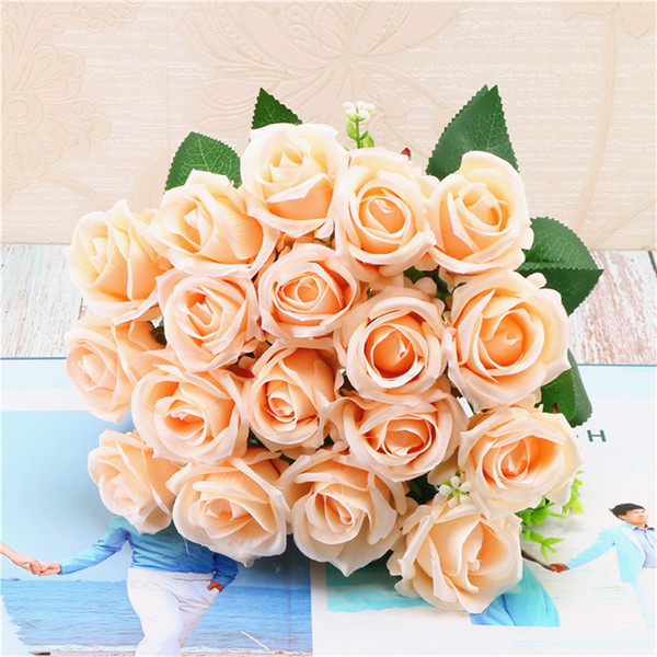 Simulation Rose Bride Holding Flowers Bouquet Artificial 18 Head Rose Silk Fake Flowers Wedding Decor Home Party Decor