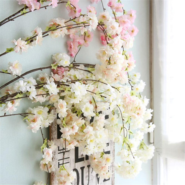 LIN MAN Single Branch 4 forks Artificial Cherry Blossom Branch Silk Flower Plant For Wedding Party Decors White Pink Champagne