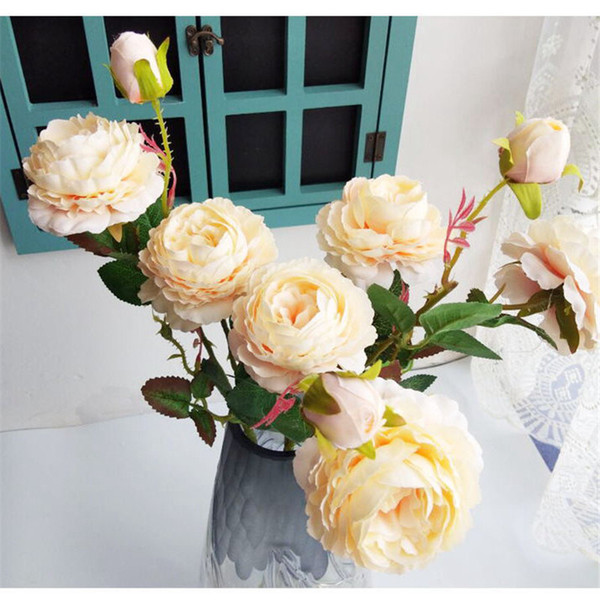 Rosa Decoration Artificial Silk Flowers Leaves 3 heads Long Roses Stem Rose Wedding Party Home Decorative