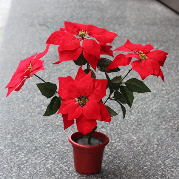 Hot Sale Artificial Beautiful Red Christmas Flowers Poinsettia Flower Head Plastic Red Flores Christmas tree decor