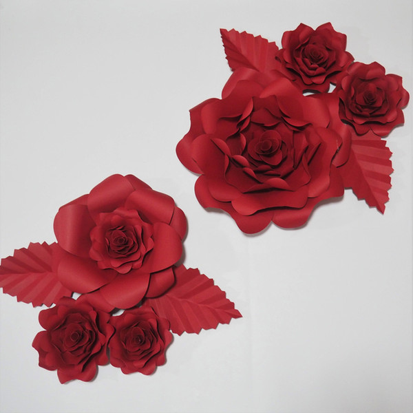 Red Rose Giant Paper Artificial Flowers Backdrop 6PCS+4 Leaves For Wedding & Event Decor Baby Nursery Windows Display