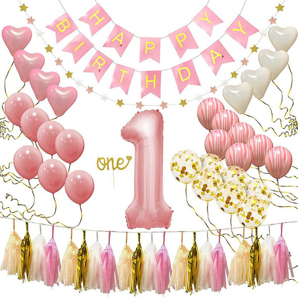 Happy First Birthday Party Decoration Set Birthday Hat Banner Flag Topper Balloons Kit Baby Anniversary Balloons Happy Birthday Banner