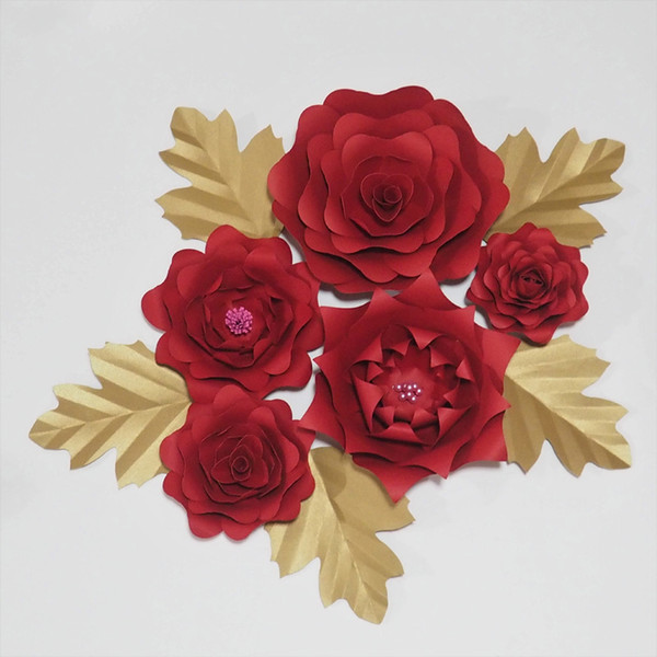 DIY 5pcs Red Giant Paper Rose 5 Leaves Flores Artificiales Fleur Artificielle For Wedding & Event Backdrop Party Nursery