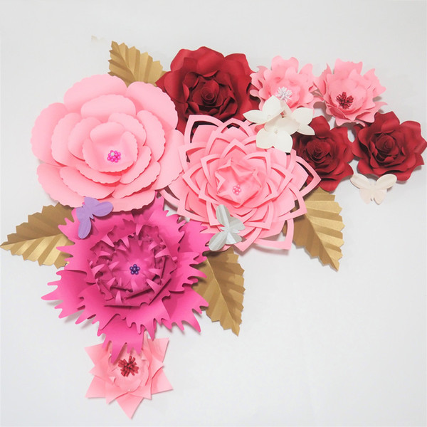 Hot Mix Giant Paper Flowers 9pcs+1 bunch Hydrangea flowers+4 Leaves+3 Butterflies For Wedding & Event Backdrop Baby Nursery