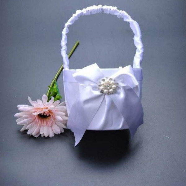 Cute and lovely White Faux Pearl Flower Wedding Flower Girl Pocket Edition Basket Bowknot Decor 12x23