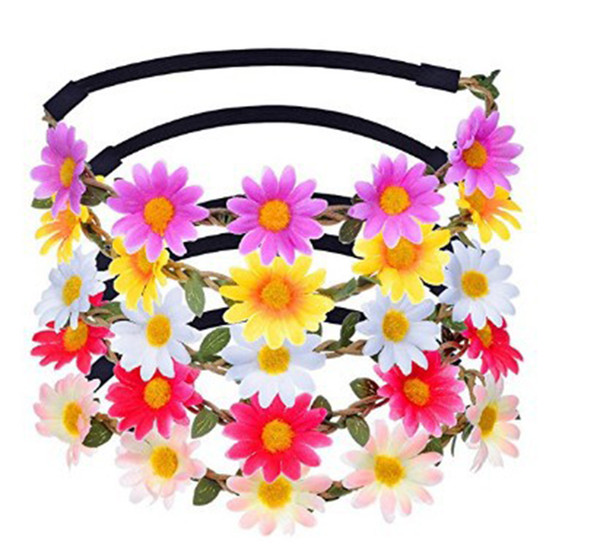 50PCS MOQ Bohemia Flower Wreath Daisy Garland Elastic Rubber Headband Nice Hair Flower Crown Accessories For Wedding Party Hair Decor