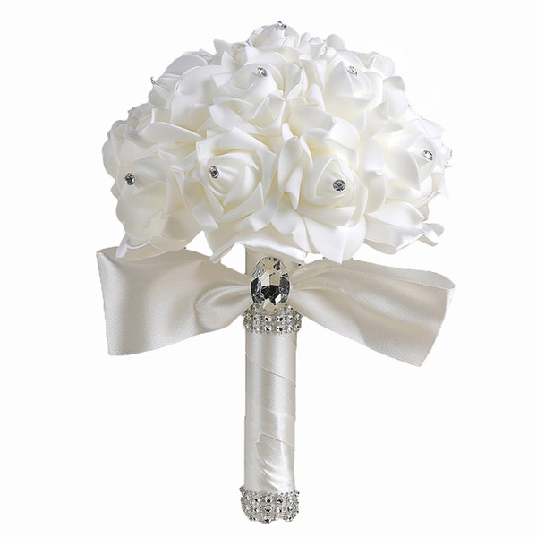 Wholesale Wedding Bouquet White Bridesmaid Artificial Bridal flowers Bouquets with Crystals Colorful Ribbons Artificial Rose Flowers Wedding