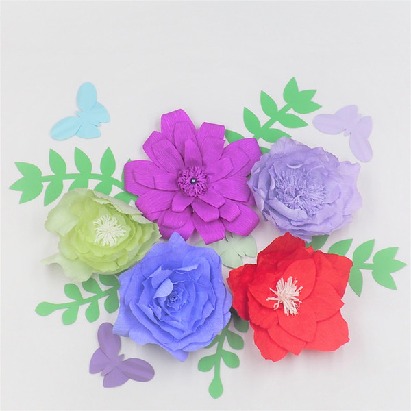 2018 Giant Crepe Paper Flowers 5pcs+Leaves 5pcs+Butterflies 4pcs For Wedding & Event Backdrops Baby Nursery Decorations Decor