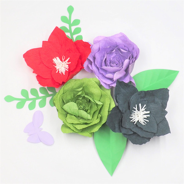 2018 4PCS Large Crepe Paper Flowers Backdrop + 4PCS Leaves + 1 Piece Butterfly For Wedding & Event Retail Store Home Decoration