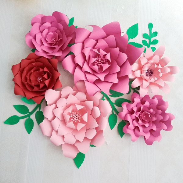 2018 Half Made Giant Paper Flowers 6PCS + Leaves 7PCS Large Flower Wedding Backdrop Baby Nursery Bridal Shower Mix 3 Colors