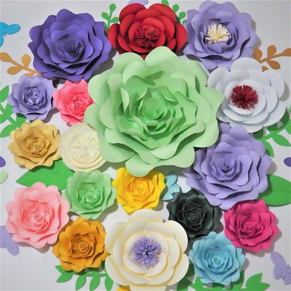 2018 New 18 Giant Paper Flowers + 9 Butterfly +10 leaves for girl's party wedding decor photo booth backdrop Wedding backdrops