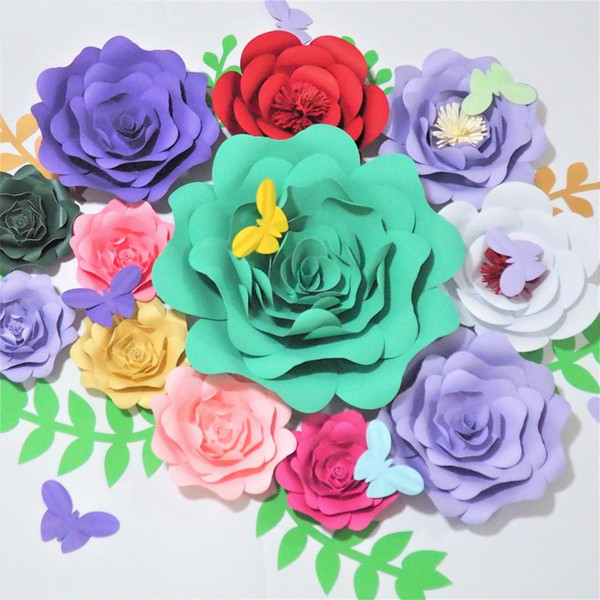 2018 12 Giant Paper Flowers + 8 Butterfly + 7 leaves for girl's party wedding decor or photo booth backdrop or Wedding backdrops