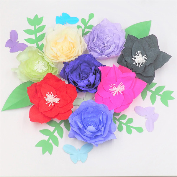 2018 Giant Crepe Paper Flowers Backdrop 8pcs Leaves 7pcs Butterflies 5pcs For Wedding & Event Retail Store Wall Backdrop Decor