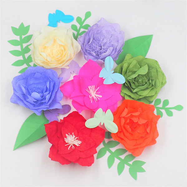 2018 Giant Crepe Paper Flowers Backdrop 7PCS+Leaves 6PCS+Butterflies 5pcs For Wedding & Event Decorations Baby Nursery Decor