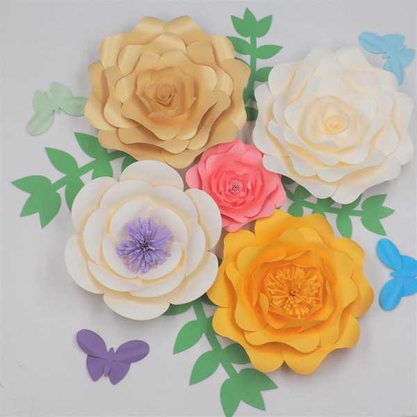 2018 DIY Giant Paper Flowers Backdrop With Leaves Butterflies Half Made Paper Flower For Wedding & Event Baby Nursery Deco