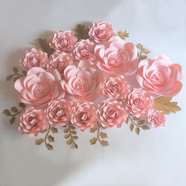 2018 Baby Pink Giant Paper Flowers 16PCS + Gold Leaves 11PCS For Wedding & Event Backdrop Baby Nursery Baby Shower Fashion Show