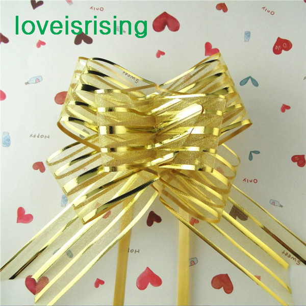 12colors Upick--50pcs/lot 5cm Large Size Gold Color Organza Pull Bows Pull Flower Ribbons Wedding Shower Favors Supplies Wedding car Decor