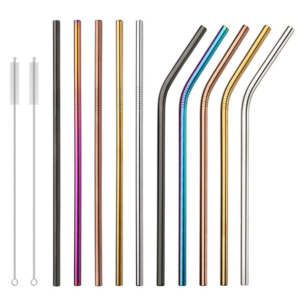 Rainbow Gold 10.5 9.5 8.5 Inch Straight and Bend Stainless Steel Straw Cleaning Brush Reusable Drinking Straws Bar Drinking Tool