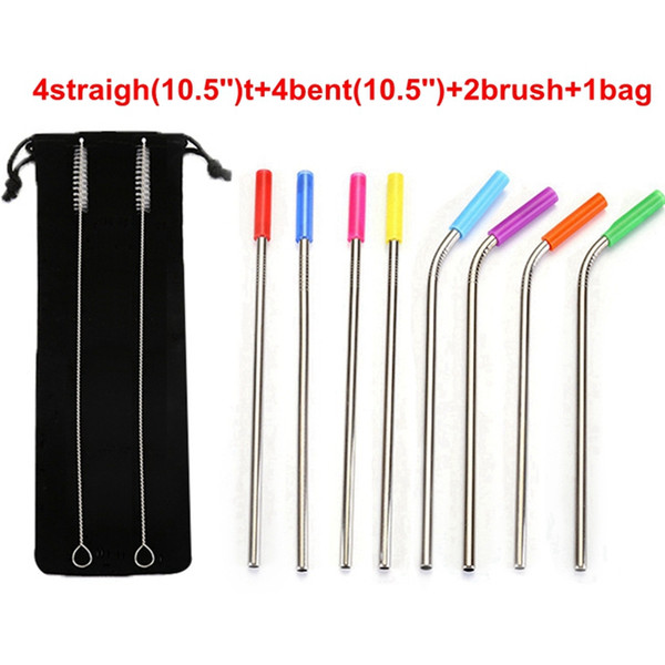 10pcs/Set 10.5'' 8.5'' 304 Stainless Steel Metal Drinking Straws With Silicone Tip Cover Cleaning Brush Black Bag for 20OZ 30OZ