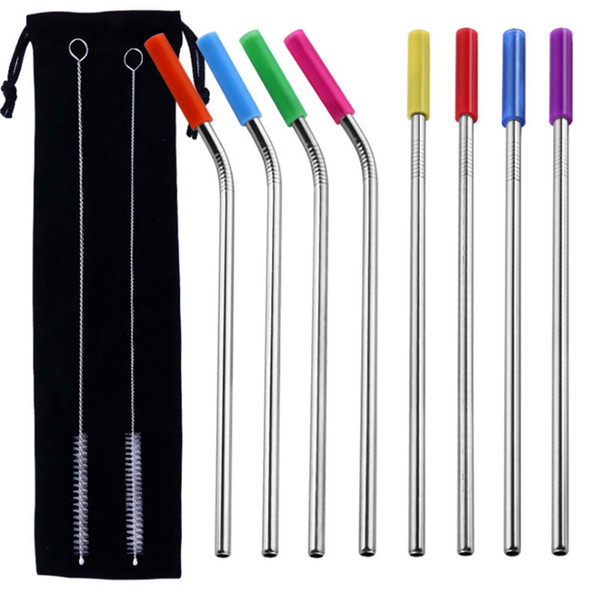 Stainless Steel Straws Reusable Metal Straws with Colorful Silicone Tips Juice Drinking Straw Cleaner Brush Drinkware Tool 8pcs 1 set YW1310