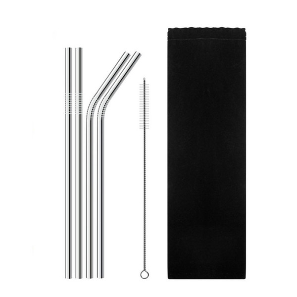 Stainless Steel Metal Drinking Straws with Cleaning Brushes Set for Home Party Barware Black Bag Package