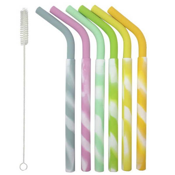 6PCS Set Reusable Silicone Drinking Straws with Cleaning Brushes Colorful Straws for Mugs Smoothie Flexible Sucker Home Bar Drink Straws