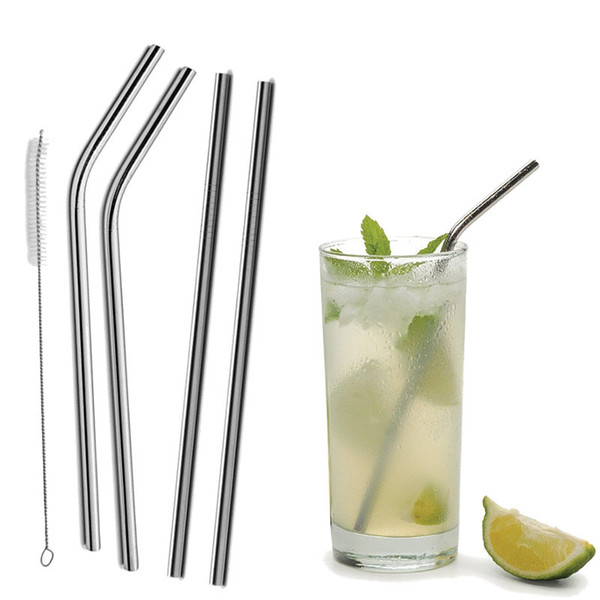 4Pcs/set Reusable Straight / Bent Drinking Stainless Steel Straws With 1 Pc Cleaning Cleaner Brush 20 Ounce