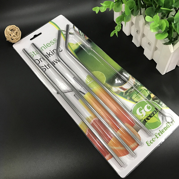 Eco Friendly Stainless Steel Straws Reusable Drinking Straws 4pcs Set Package for Beer Fruit Juice Drink Straight Curved Straws