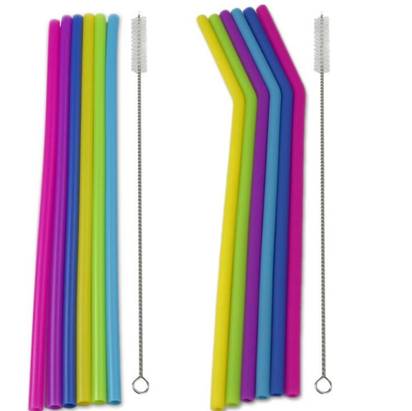 Silicone Drinking Straws Set 7mm 25cm Straight Bent Flexible Reusable Straws With 2pcs Cleaning Brushes 8pcs/set OOA6529