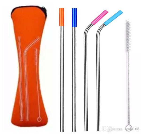 Stainless Steel Straws Sets With Pouch Bag Colorful Metal Straw With Silicone Tip Reusable Juice Straw Bar Tools 6pcs/Set DHL HH7-1755A