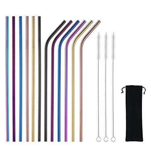 6*215mm 304 Stainless Steel Straw Bent And Straight Reusable Colorful Straw Drinking Straws Metal Straw Cleaner Brush Bar Drinking Tool