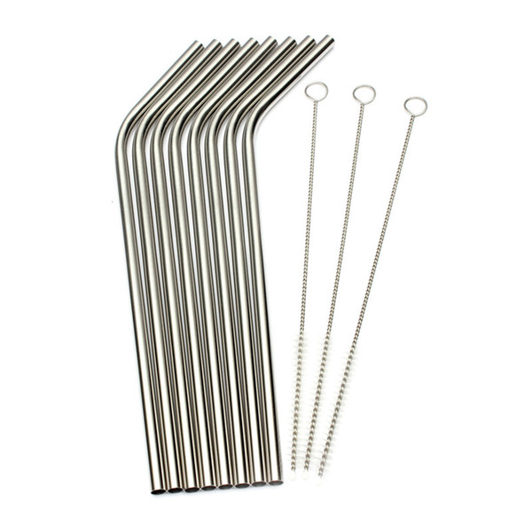 Wholesale-Kitchen Accessory 8Pcs Stainless Steel Metal Drinking Straw Reusable Straws + 3 Cleaner Brush Set #81351