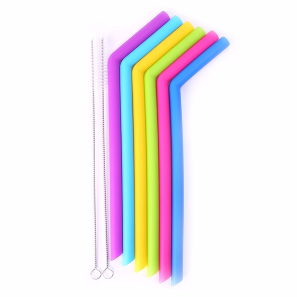 6Pcs/Set Reusable Grade Silicone Curve Drinking Straws Round Tube Include 2 Cleaning Brushes New C42