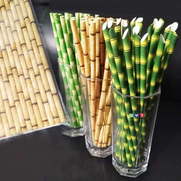 Green & Gold Bamboo Paper Straws Disposable Eco-Friendly Flat & Pointed Bamboo Series Party Drinking Straw Wholesale