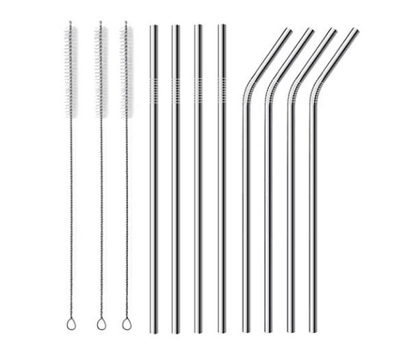 10 .5 Inch Stainless Steel Drinking Straws 4 Straight 4 Bent With 3 Cleaning Brushes Rust Free