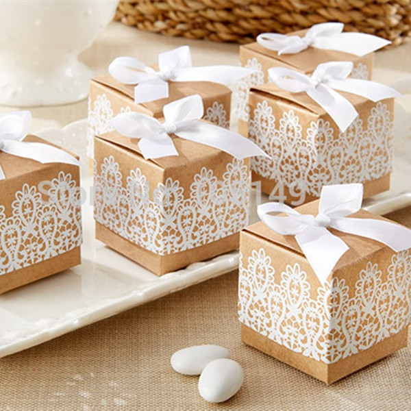 1pcs sweet lovely Decoration Candy box paper boxes Gift box Rustic & Lace Kraft Favor Box With Ribbon Wedding gold silver