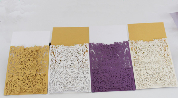 50Pcs White/Yellow/Purple/Pink Pearlescent Paper Flower Carved Pattern Invitation Cards for Wedding & Party Decoration