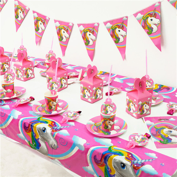 Party Decor Set Unicorn Banner Tablecloth Gifts Bags Invitation Card Cupcake Topper Masks Festival Supplies