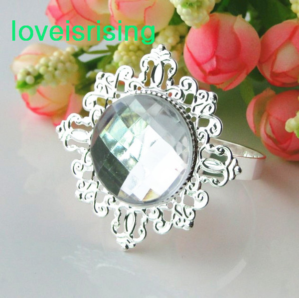 Hot Sale--50pcs/lot clear Gem Silver Plated Napkin Rings Wedding Favors Decoration Napkin Serviette Holder