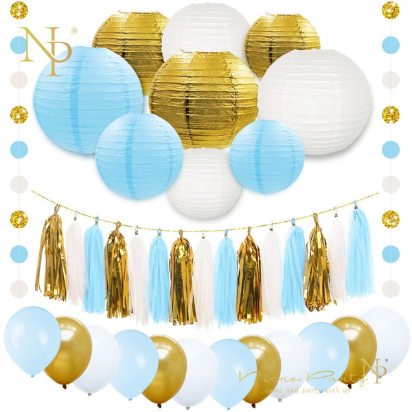 Nicro 38 pcs/set Gold Blue White Paper Lanterns Balloons Foil Tassel Garland Baby Shower Birthday Party Decoration DIY #Set76