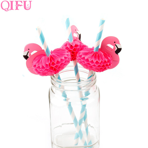 QIFU 12pc Flamingo Straws Blue Pink Hawaiian Party Decorations Birthday Wedding Paper Drinking Straws Summer Party Supplies