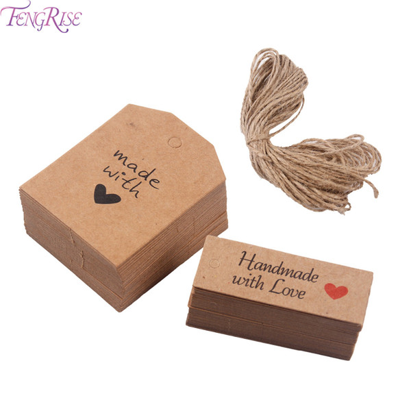 FENGRISE 50 100pcs Kraft Paper Tags Made with Love Wedding Party Decoration Handmade With Love Kraft Gift Hang Tag Head Label