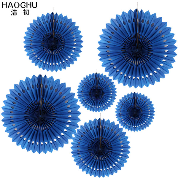 HAOCHU 1 Set Dark Blue 6pcs/lot Openwork Paper Fans Flower Birthday Party Decorations Kids Souvenirs For The New Year Wedding