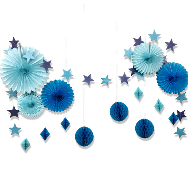 15pcs Blue Party Decoration Set Star Garland Honeycomb Balls Paper Fans Nautical Birthday Baby Shower Under the Sea Beach Party