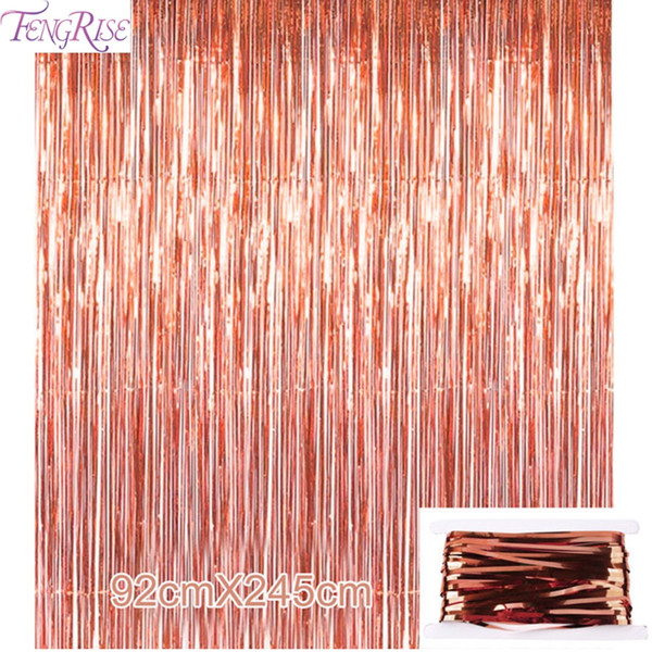 FENGRISE 92*245cm Rose Gold Party Decoration Shimmering Foil Fringe Tinsel Door Curtain Wedding Birthday Photo Backdrop Supplies