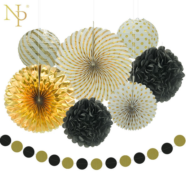 Nicro 8pcs New Year Mixed Gold Black White Party Paper Flower Lantern Tassel Garland DIY Baptism Party Decorative Supplies