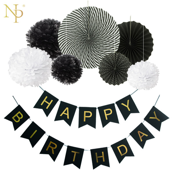 Nicro 8Pcs DIY Black Birthday Banner Flower Paper Fan Set Tissue Hanging First Birthday Party Decoration Set Event Supplies