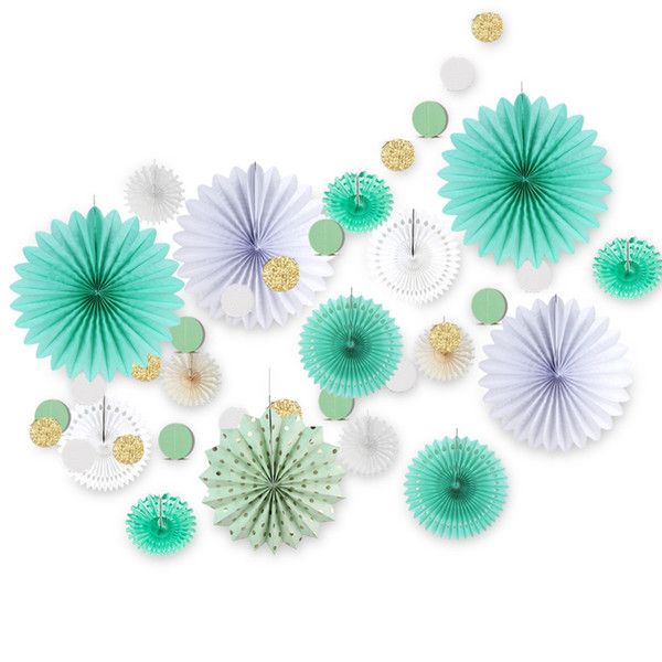 17pcs Mint Green Paper Decoration Set Glitter Circle Garland Assorted Paper Fans Kids Birthday Party Wedding Shower Decor